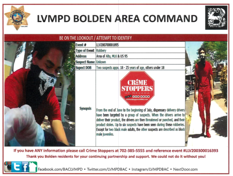 Flyer looking for robbers of dispensary drivers 7-15-20