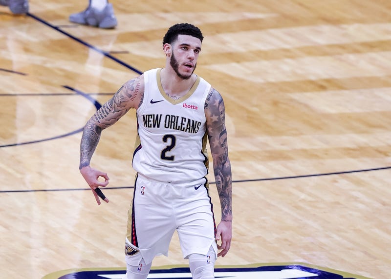 Lonzo Ball celebrates hitting a 3-pointer. 