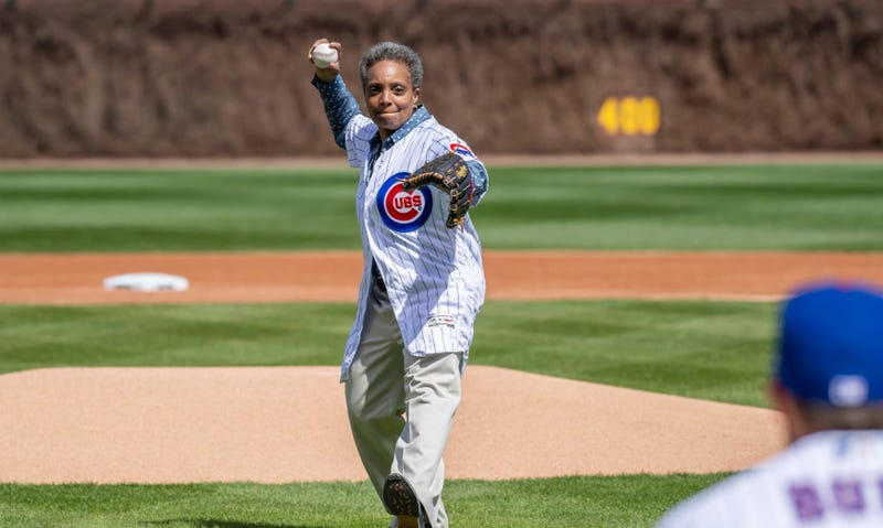 Chicago mayor-elect throws out the first pitch ahead of the Cubs' home opener at Wrigley Field.