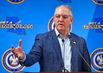 Louisiana Gov. John Bel Edwards gives an update on the spread of coronavirus in the state of Louisiana, Thursday, April 9, 2020, at GOHSEP in Baton Rouge, La. (Hilary Scheinuk/The Advocate via AP)