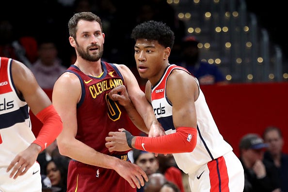 Kevin Love brushes up against Rui Hachimura. 