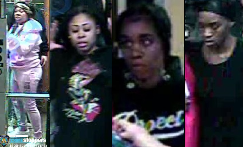 Police are searching for four females in the assault, including a suspect (far left) who they believe stabbed a 14-year-old girl