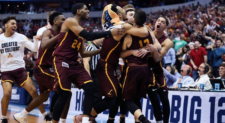 Loyola-Chicago celebrates this Elite 8 win over Kansas State on March 24, 2018, in Atlanta.
