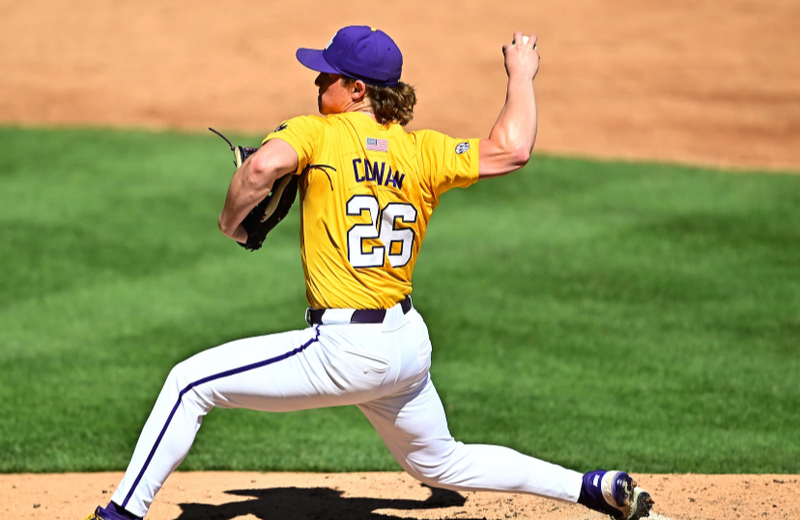 LSU pitcher Zac Cowan throws a pitch against Auburn