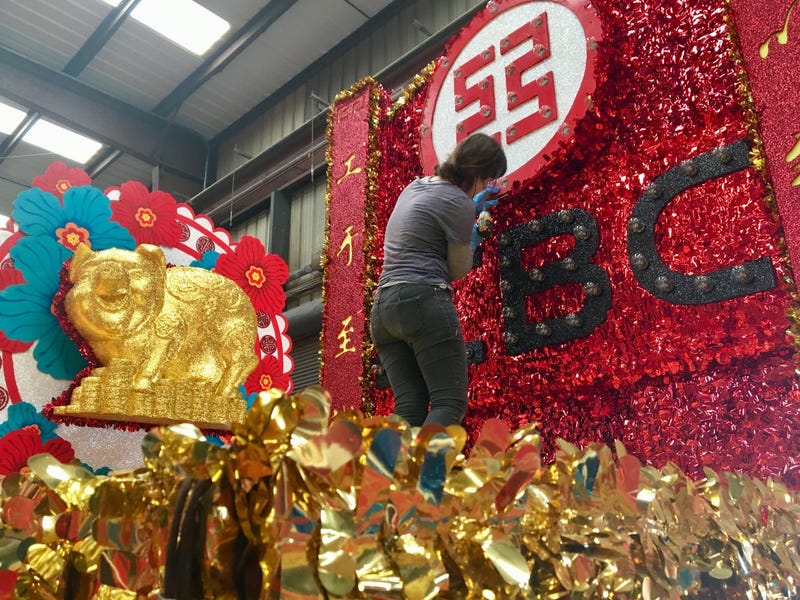 Floats for the Chinese New Year parade in San Francisco are under construction in a waterfront warehouse on Feb. 19, 2019.