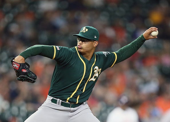 Jesus Luzardo pitches for the A's in a 2019 regular season game. 