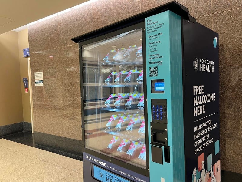 Cook County officials said vending machines, like the one shown here, have been installed all over the county to provide naloxone -- a life-saving drug that can reverse opioid overdoses -- for free.