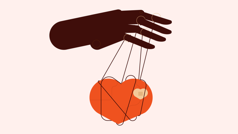 illustration of hand pulling the puppet strings of someone's heart