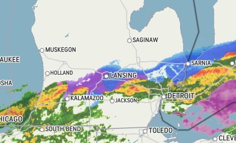 Radar shows rain and snow in the mix over Metro Detroit Friday afternoon into the evening.