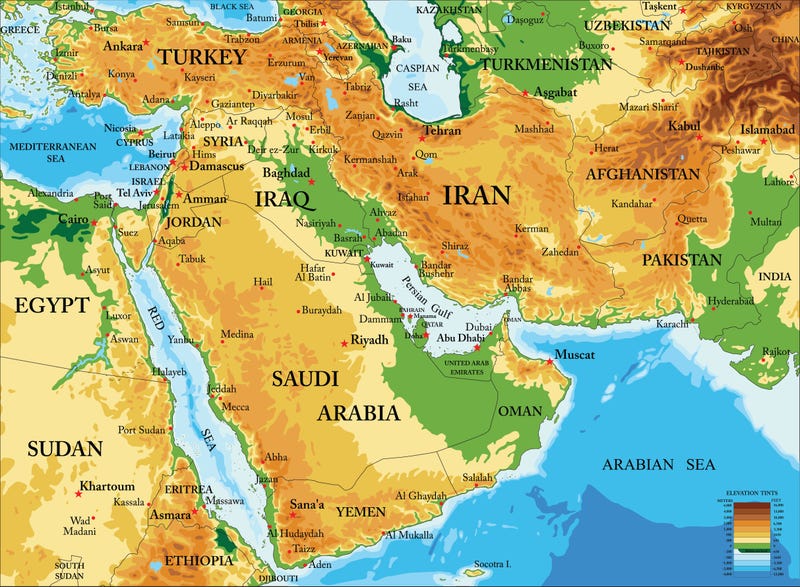 Highly detailed physical map of Middle East