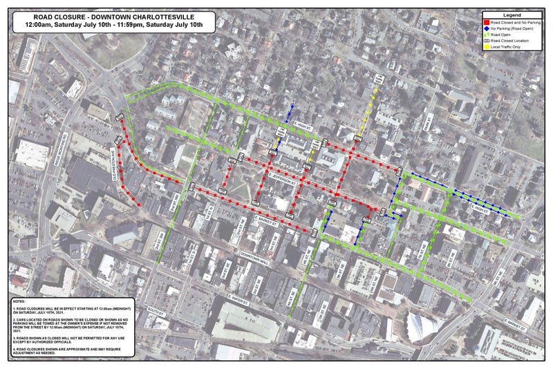 Map of Charlottesville street closures for Saturday.