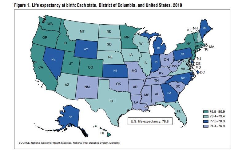 MAP: Life expectancy at birth: Each state, District of Columbia, and United States, 2019