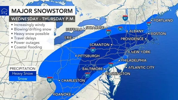 WINTER STORM WARNING: 'Near-blizzard conditions' will slam East Coast with heavy snow, wind gusts up to 60 mph