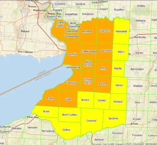 Erie County's yellow vs. orange Covid cluster zones as designated by NYS.
