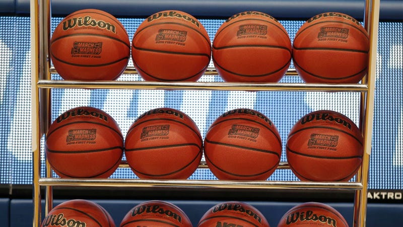 General view of March Madness basketball during practice before the First Four in the 2019 NCAA Tournament at Dayton Arena.