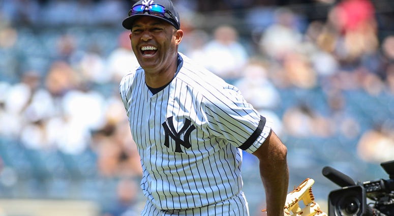  Hall of Fame inductee Mariano Rivera makes his acceptance speech during the 2019 National Baseball Hall of Fame induction ceremony at the Clark Sports Center in Cooperstown, New York.  