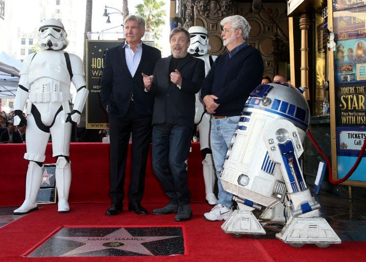 Mark Hamill, Harrison Ford, and George Lucas