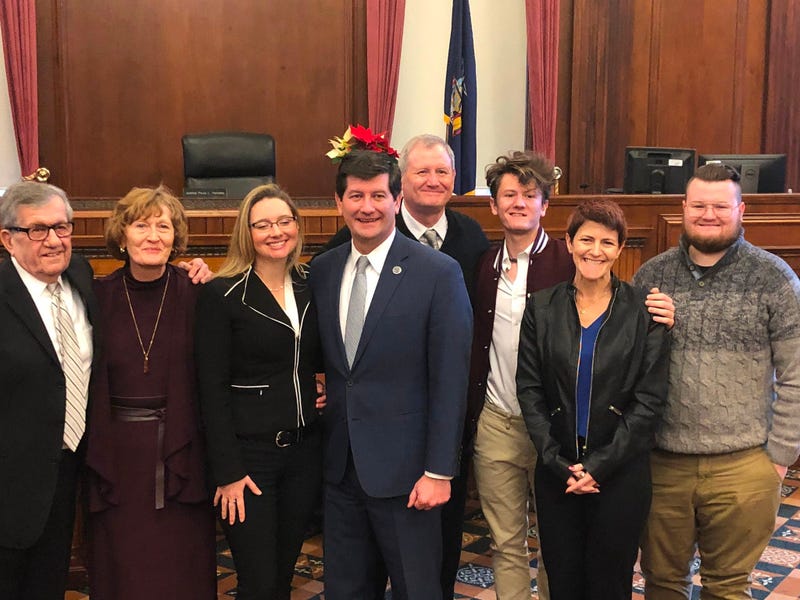 Erie County Executive Mark Poloncarz poses with family members and Justice Gerald J. Whalen after his inauguration as Erie County Executive. December 31, 2019 (WBEN Photo/Mike Baggerman)