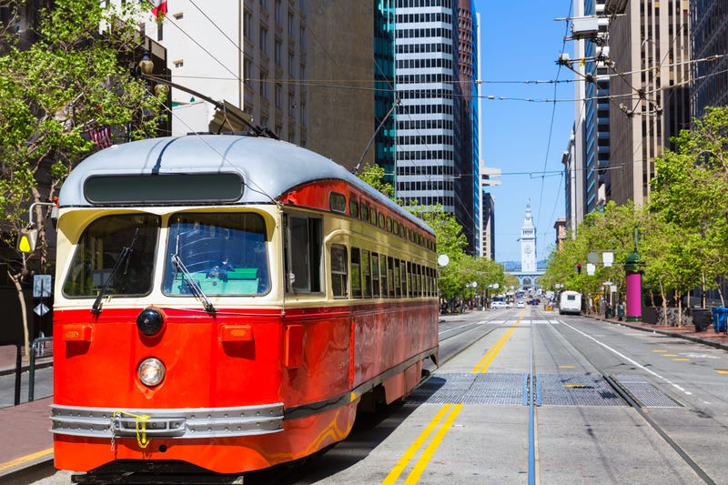 Street car on Market Street, with Ferry Building in background
