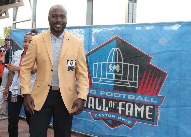 Hall of Fame running back Marshall Faulk arrives during the Professional Football HOF enshrinement ceremonies at the Tom Benson Hall of Fame Stadium.