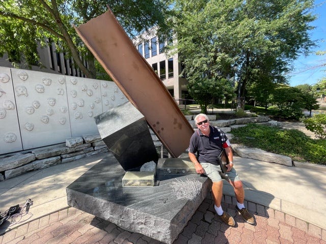 Retired firefighter Marty Walker at Naperville's 9/11 memorial.