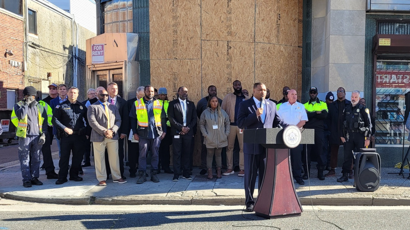Mayor Marty Small (at podium) announces Atlantic City's new Boardwalk Improvement Group to address homelessness issues in the city, Oct. 25, 2023.