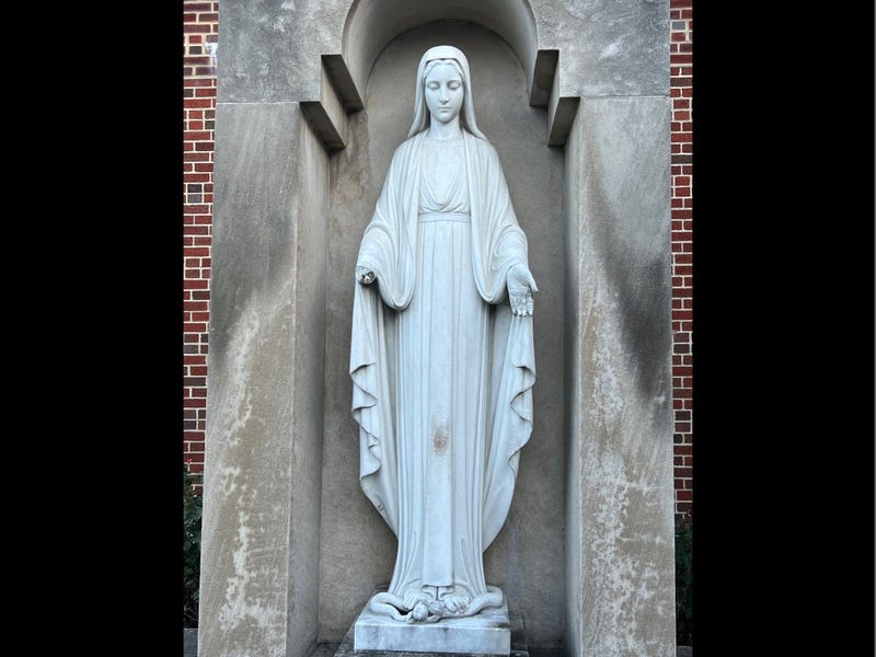 The nearly 110-year-old statue of Virgin Mary at St. Andrew Avellino parish was found with a broken right hand on Tuesday, Oct. 31, 2023.