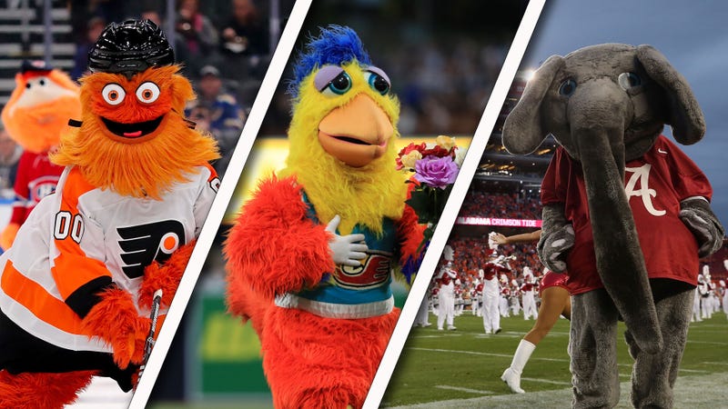 Mascot Gritty of the Philadelphia Flyers participates in the mascot game prior to the 2020 Honda NHL All-Star Game at Enterprise Center on January 25, 2020 in St Louis, Missouri/Umpire Joe West interacts with the San Diego Chicken during a game between the San Diego Padres and the San Francisco Giants the inning of a game at PETCO Park on July 27, 2019 in San Diego, California/The Alabama Crimson Tide mascot "Big Al" is seen prior to the CFP National Championship against the Clemson Tigers presented by AT&T at Levi's Stadium on January 7, 2019 in Santa Clara, California.