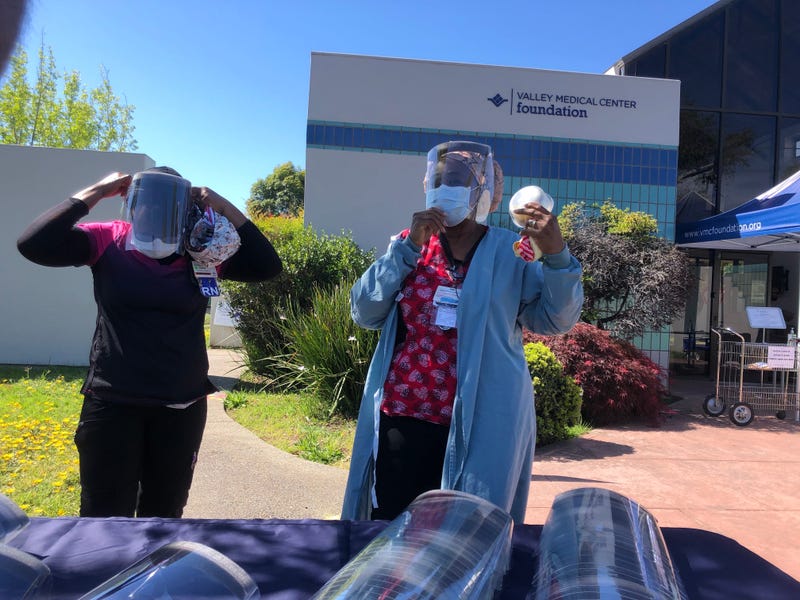 Face shields donated by Google arrive at the Valley Medical Center Foundation in San Jose.