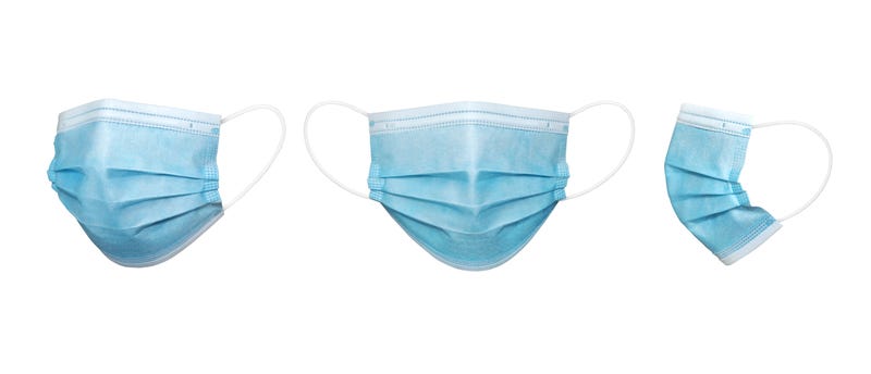 3 perspective angles of a blue surgical mask