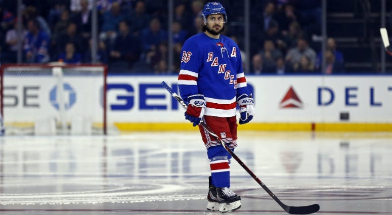 The Rangers' Mats Zuccarello skates during the warmup period against the Calgary Flames on March 2, 2018, at Scotiabank Saddledome in Calgary, Canada.