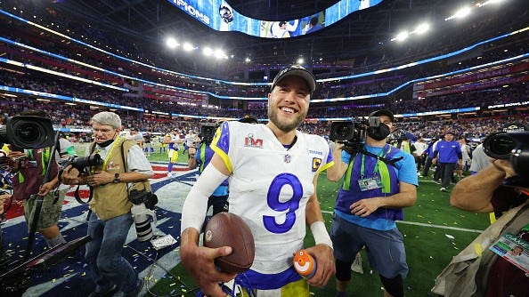 Matthew Stafford #9 of the Los Angeles Rams celebrates after Super Bowl LVI at SoFi Stadium on Feb. 13, 2022 in Inglewood, California. The Los Angeles Rams defeated the Cincinnati Bengals 23-20.