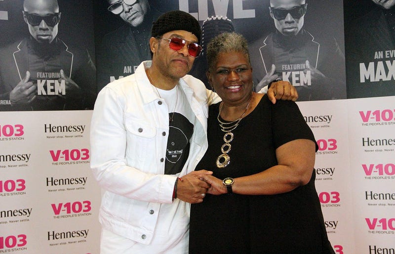 Joyce Littel and Maxwell backstage at V-103 LIVE on Saturday, March 30, 2019, at State Farm Arena in Atlanta