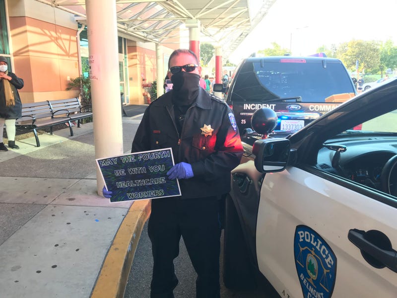 Belmont police officer and other first responders turned out to thank San Mateo healthcare workers