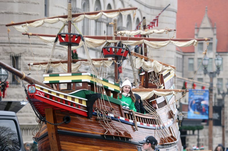 A young girl rides in a replica of the Mayflower during the Thanksgiving Day Parade in St. Louis on Thursday, November 28, 2019.  