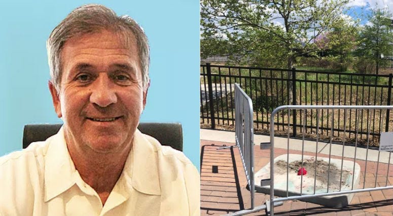 (L) Wildwood Mayor Ernie Troiano Jr. (R) Empty space where Kate Smith statue stood