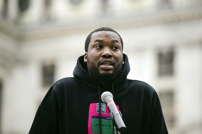 In this April 2, 2019, file photo, rapper Meek Mill speaks at a gathering in Philadelphia to push for drastic changes to Pennsylvania's probation system.