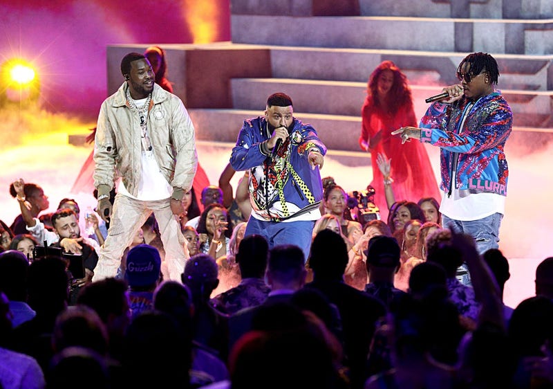 LOS ANGELES, CALIFORNIA - JUNE 23: (L-R) Meek Mill, DJ Khaled, and Lil Baby perform onstage at the 2019 BET Awards at Microsoft Theater on June 23, 2019 in Los Angeles, California. 
