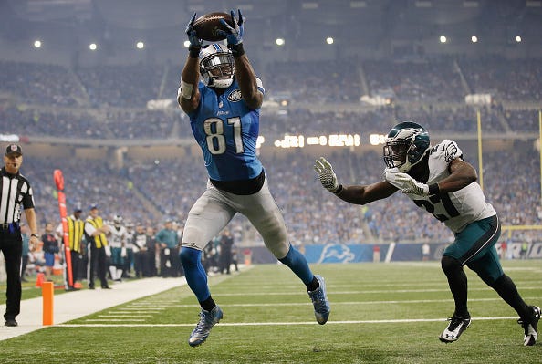 Calvin Johnson catches a pass for the Lions.