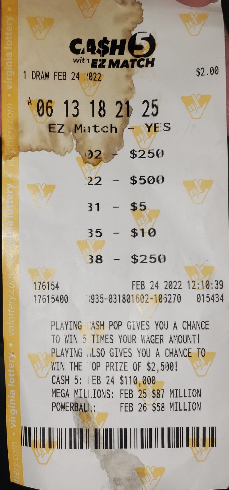 Mary Elliot's coffee-stained winning lottery ticket