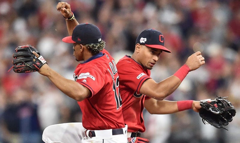 Jun 7, 2019; Cleveland, OH, USA; Cleveland Indians shortstop Francisco Lindor (12) and left fielder Oscar Mercado (35) celebrates after the Indians beat the New York Yankees at Progressive Field. Mandatory Credit: Ken Blaze-USA TODAY Sports