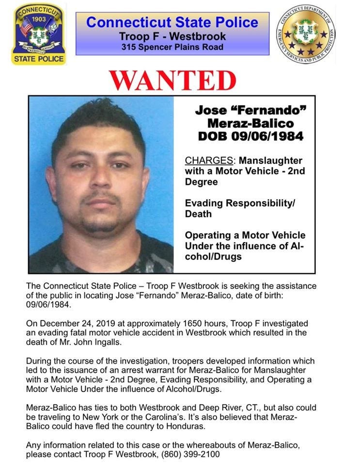 Connecticut State Police wanted poster for man accused in hit and run crash that killed a bicyclist in Old Saybrook.