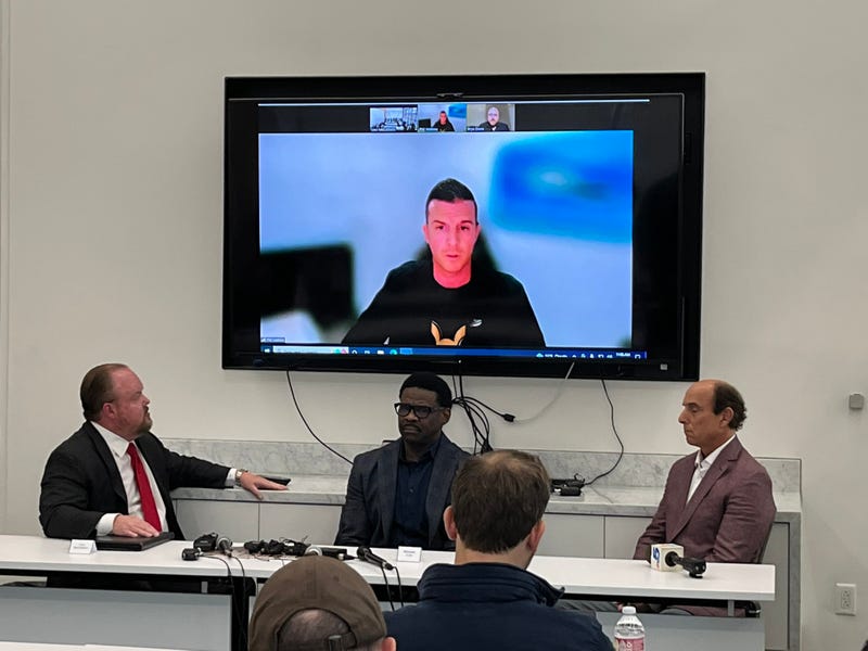 Former Dallas Cowboys wide receiver Michael Irvin, center, who is accused of misconduct by a Phoenix hotel employee, at a press conference in Dallas, Texas on Wednesday, March 8, 2023.