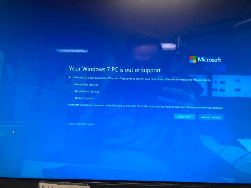 Message sent by Microsoft to computers about end of Windows 7 updates