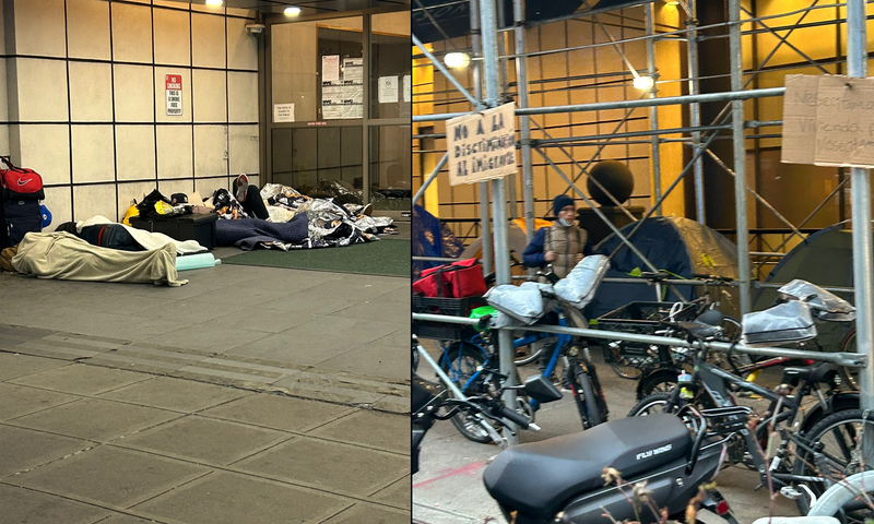 Men sleep outside the Watson Hotel in Hell's Kitchen on Jan. 30, 2023