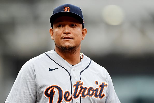 Miguel Cabrerea looks on during a Tigers game.