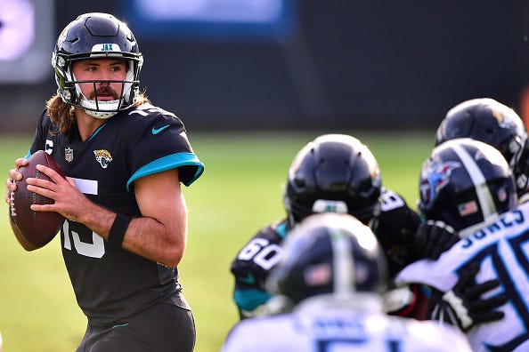 Gardner Minshew drops back to pass for the Jaguars. 