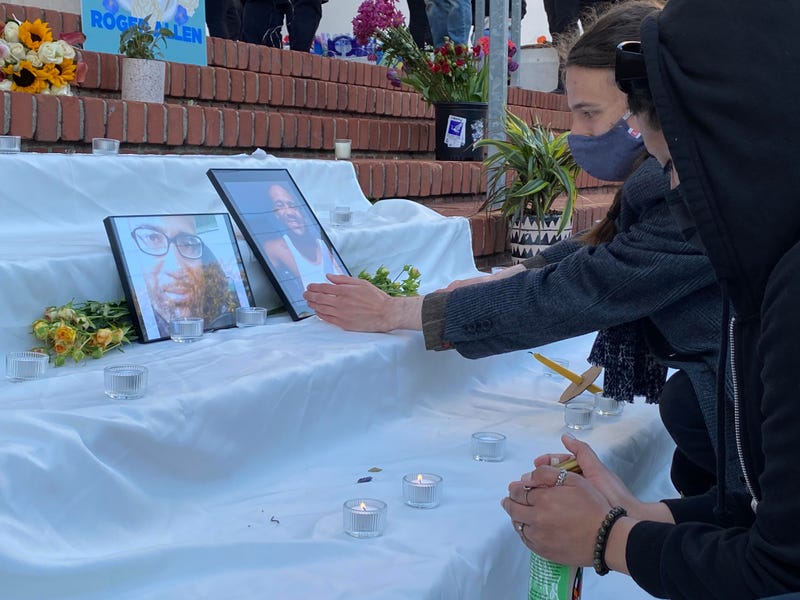 Protestors lay flowers and light candles to mourn those killed by police and call for change at Mission High School in San Francisco. Apr. 15, 2021