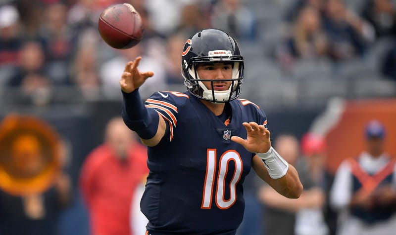 Oct 21, 2018; Chicago, IL, USA; Chicago Bears quarterback Mitchell Trubisky (10) looks to pass the ball against the New England Patriots at Soldier Field. Mandatory Credit: Quinn Harris-USA TODAY Sports