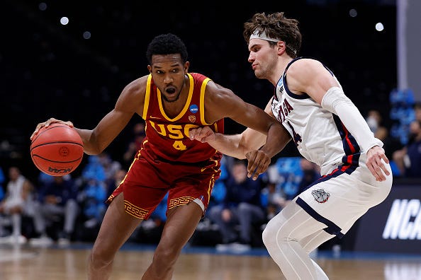 Evan Mobley drives against Gonzaga. 